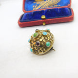 Austrian Early Sterling Silver, Turquoise & Garnet Button Brooch c1840 Antique
