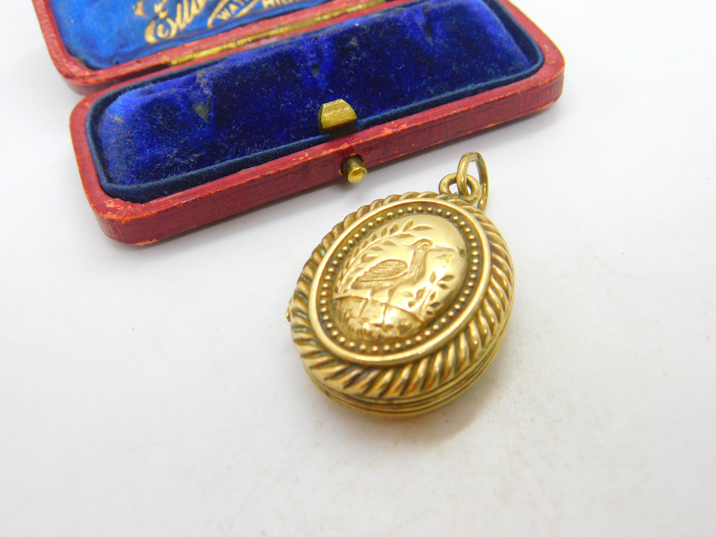 Victorian Aesthetic Movement Gold Plated Crane Bird Locket Antique c1860