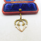 Edwardian Gold Plated Seed Pearl Set Wreath Form Heart Drop Pendant c1910