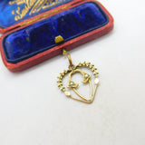 Edwardian Gold Plated Seed Pearl Set Wreath Form Heart Drop Pendant c1910