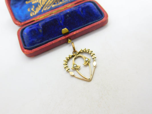 Edwardian Gold Plated Seed Pearl Set Wreath Form Heart Drop Pendant c1910