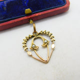 Edwardian Gold Plated Seed Pearl Set Wreath Form Heart Drop Pendant c1910