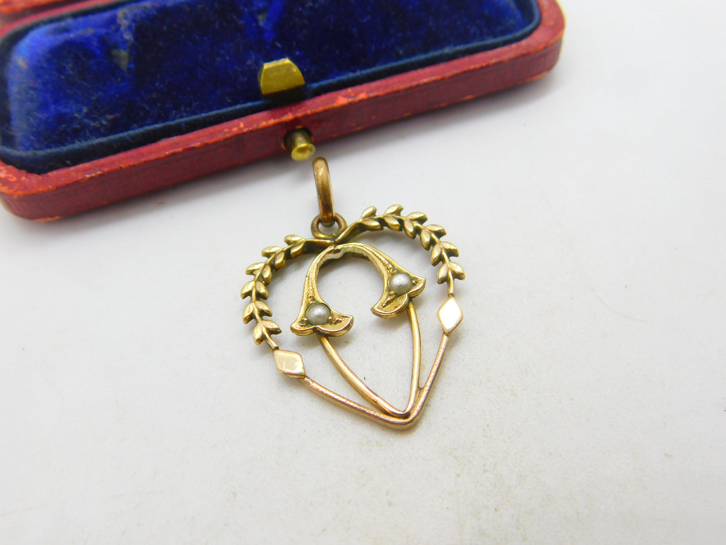 Edwardian Gold Plated Seed Pearl Set Wreath Form Heart Drop Pendant c1910