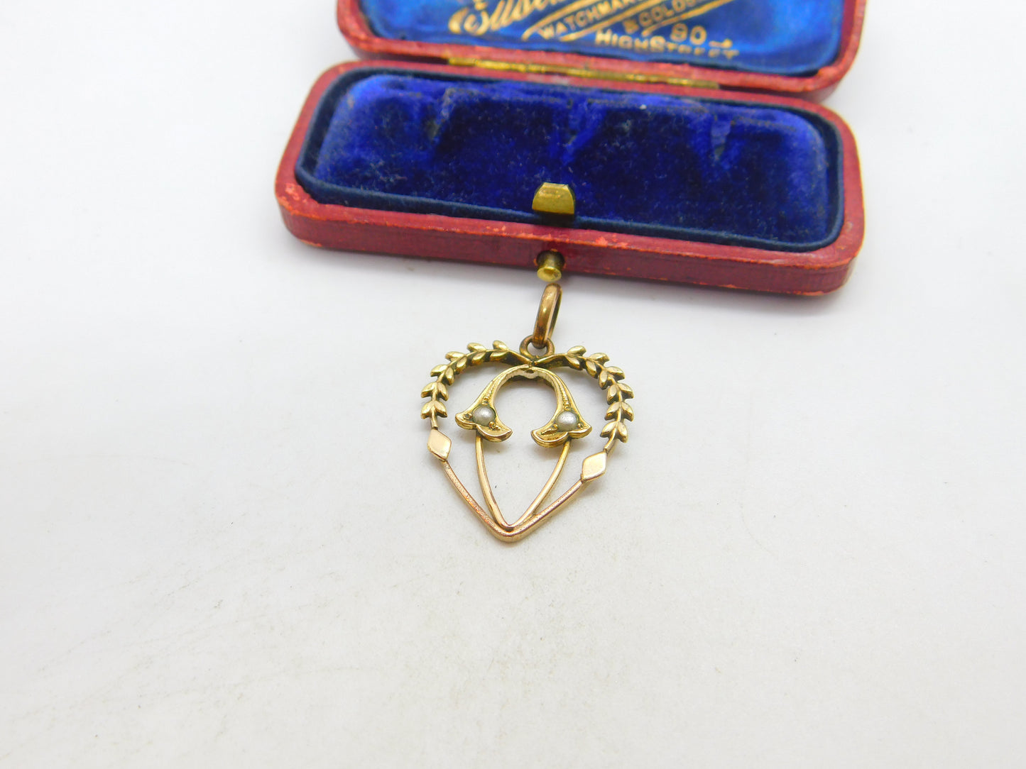 Edwardian Gold Plated Seed Pearl Set Wreath Form Heart Drop Pendant c1910