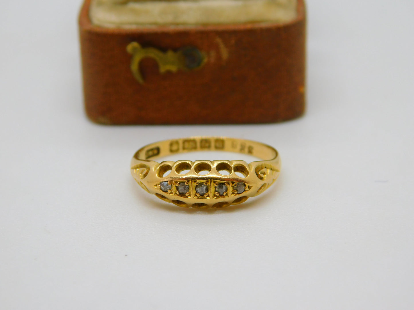 Edwardian 18ct Yellow Gold Five Stone Diamond Boat Ring 1903 Birmingham Antique