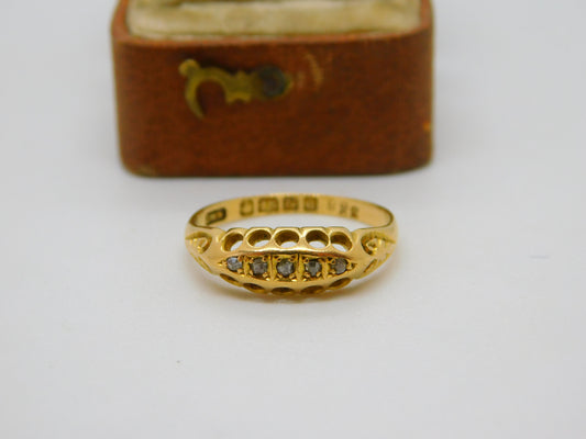 Edwardian 18ct Yellow Gold Five Stone Diamond Boat Ring 1903 Birmingham Antique