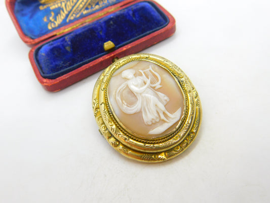 Victorian Gold Plated Carved Shell Classical Lyre Cameo Brooch Antique c1860