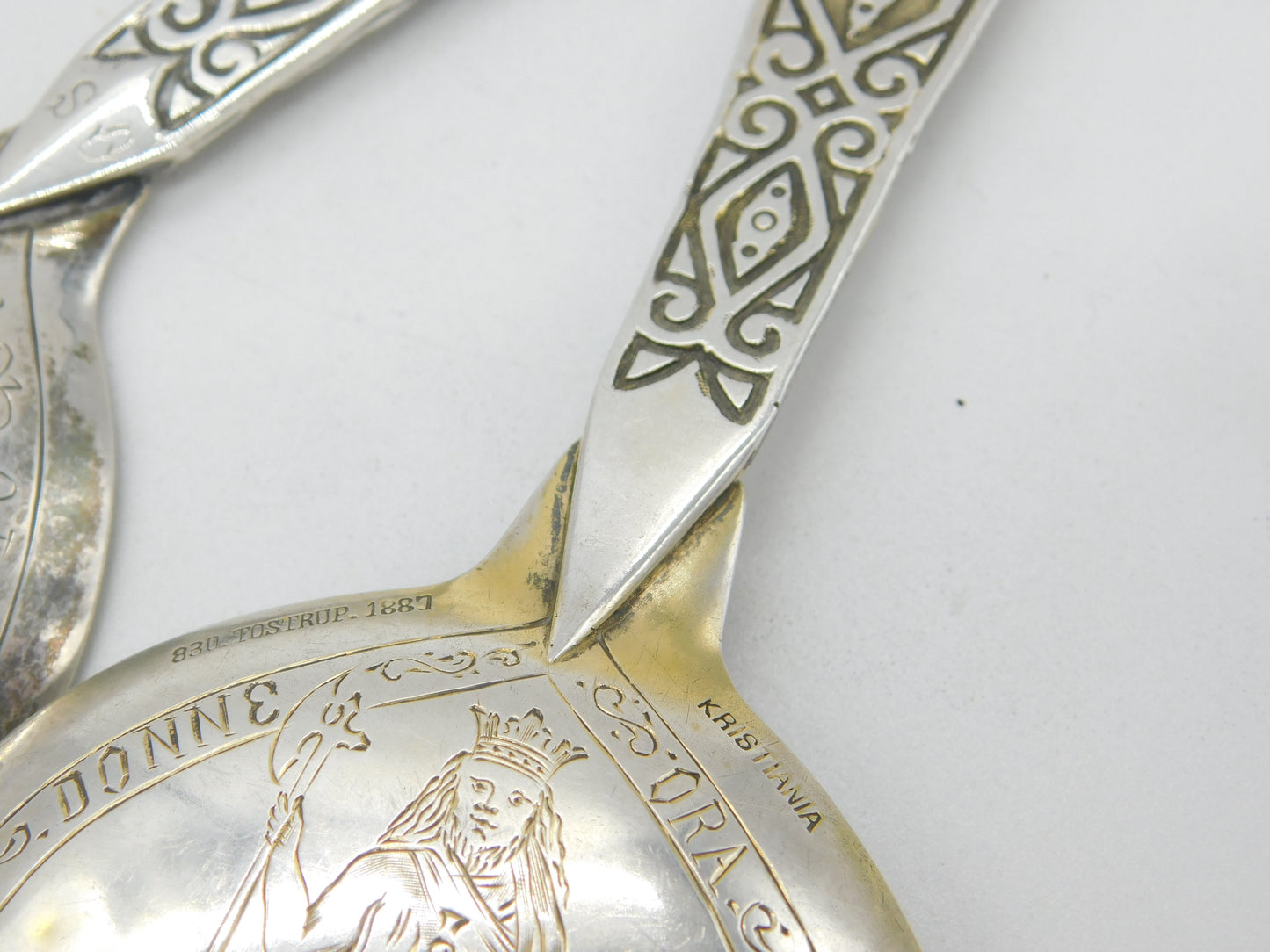 Victorian Danish .830 Silver Religious Detail Anointing Spoons Antique 1887