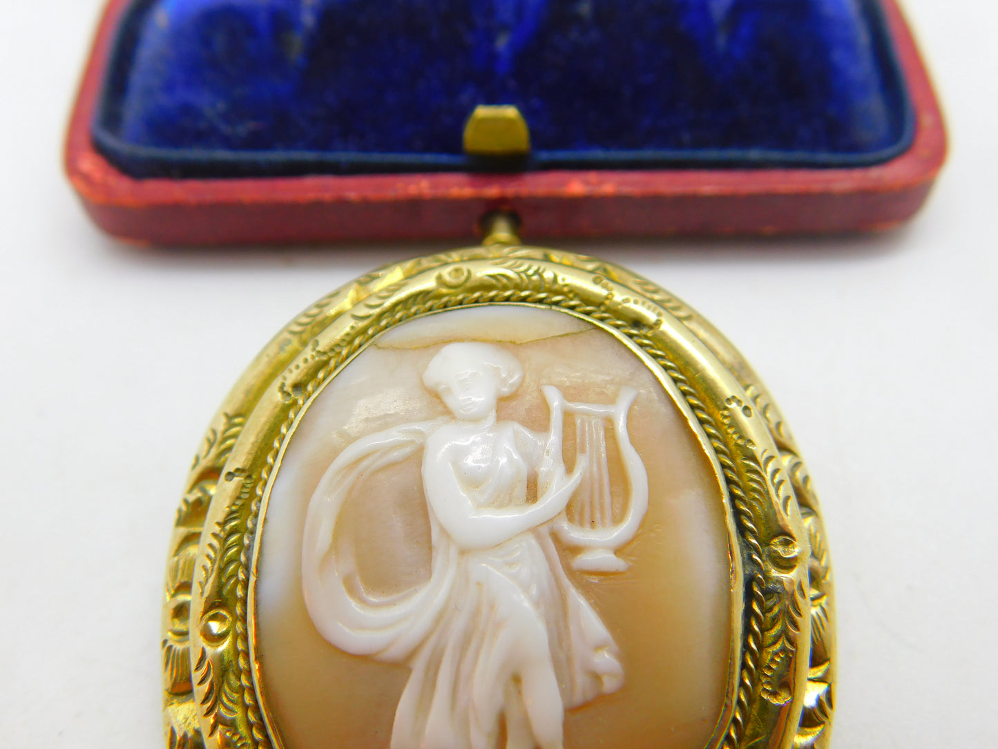 Victorian Gold Plated Carved Shell Classical Lyre Cameo Brooch Antique c1860