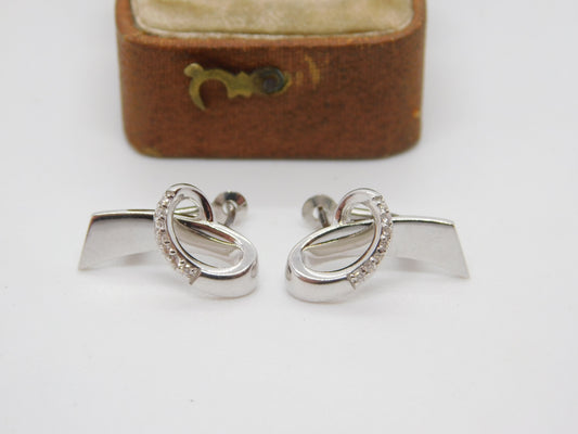 18ct White Gold Diamond Set Heart Shaped Modernist Earrings Vintage c2000