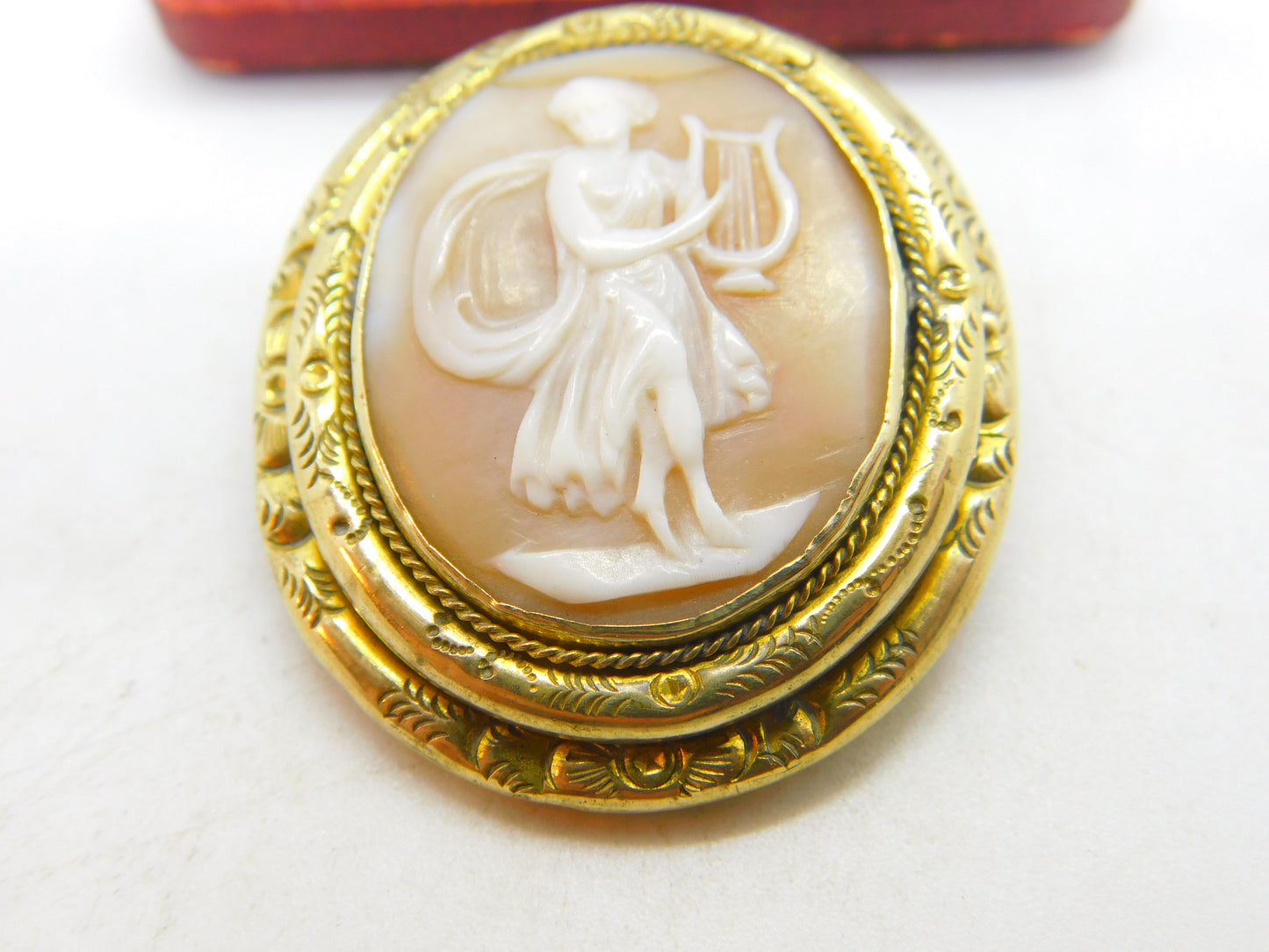 Victorian Gold Plated Carved Shell Classical Lyre Cameo Brooch Antique c1860