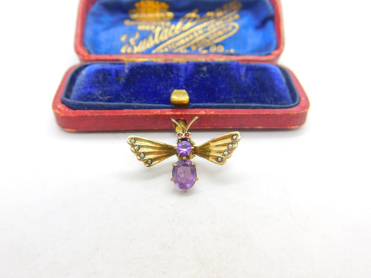 Norwegian .830 Silver Gilt Amethyst & Ruby Set Insect Bug Clip Brooch Antique