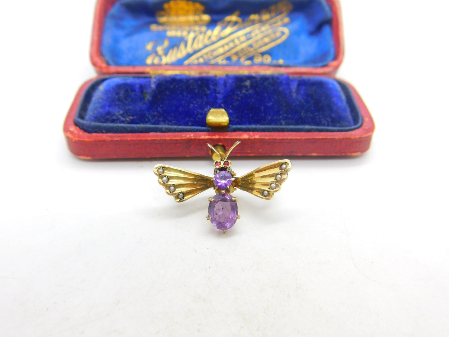 Norwegian .830 Silver Gilt Amethyst & Ruby Set Insect Bug Clip Brooch Antique