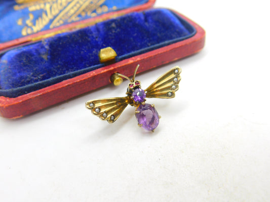 Norwegian .830 Silver Gilt Amethyst & Ruby Set Insect Bug Clip Brooch Antique