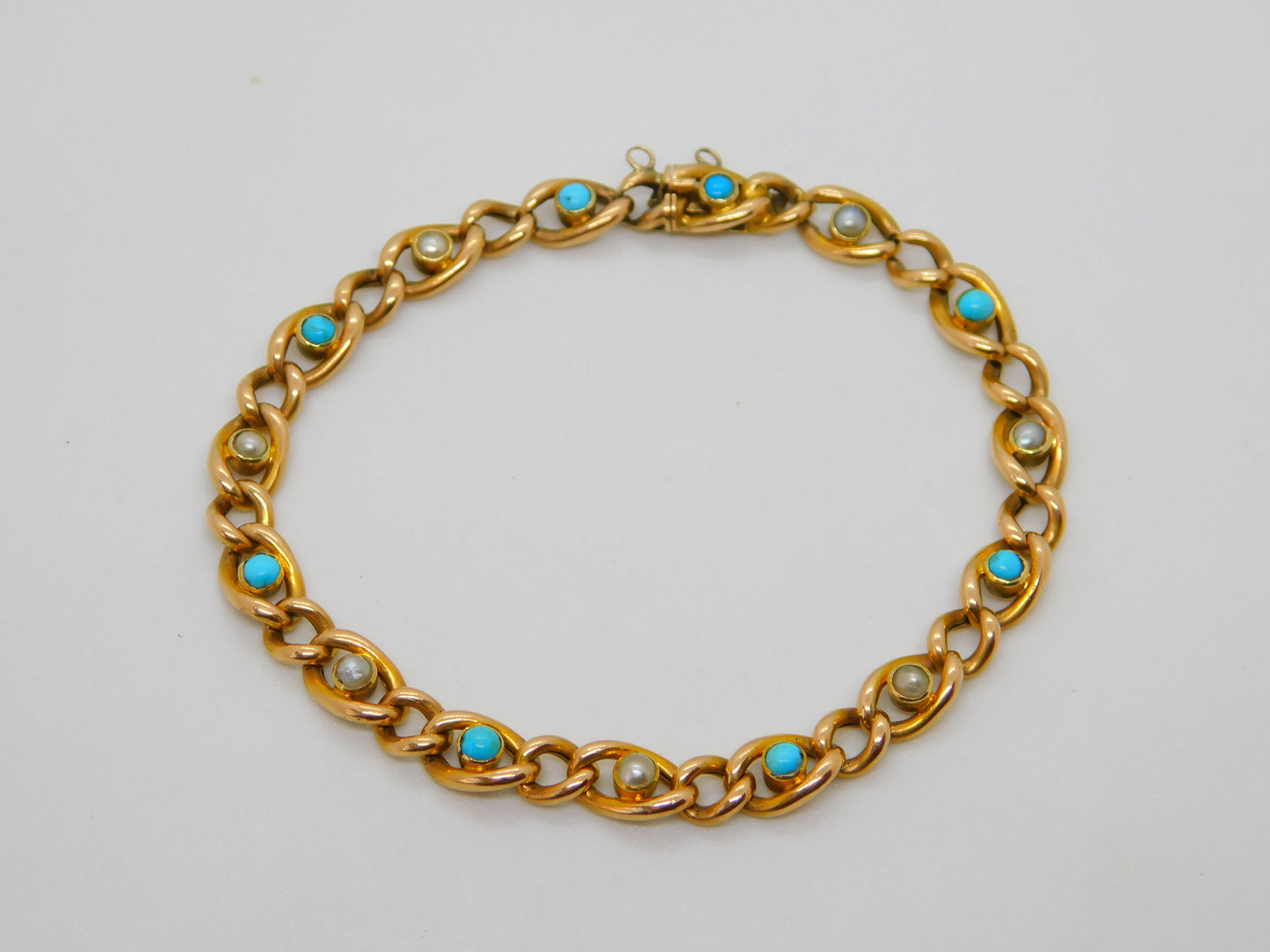 Victorian 15ct Yellow Gold, Seed Pearl & Turquoise Dress Bracelet Antique c1880