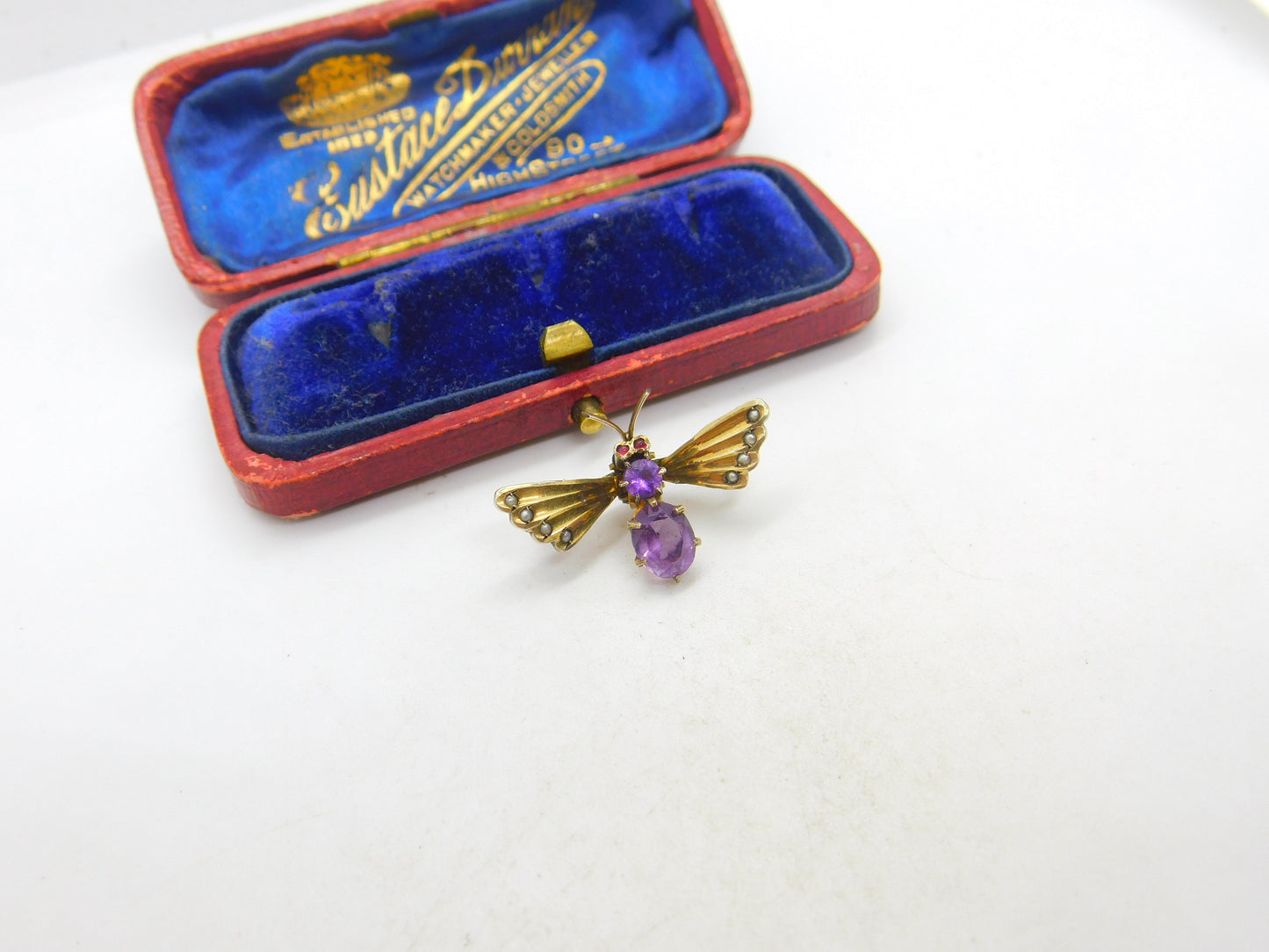 Norwegian .830 Silver Gilt Amethyst & Ruby Set Insect Bug Clip Brooch Antique