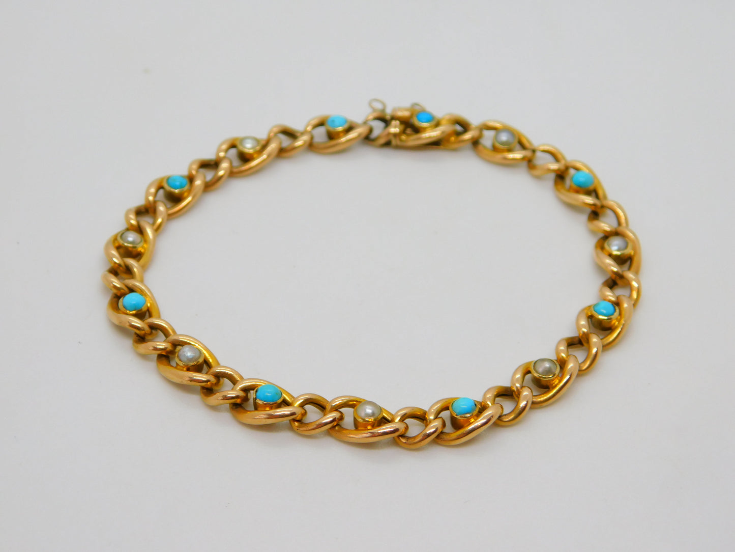 Victorian 15ct Yellow Gold, Seed Pearl & Turquoise Dress Bracelet Antique c1880