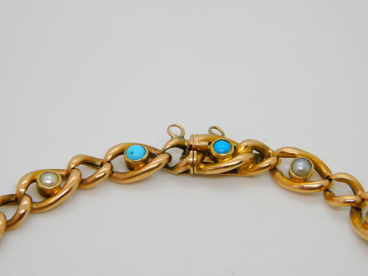 Victorian 15ct Yellow Gold, Seed Pearl & Turquoise Dress Bracelet Antique c1880