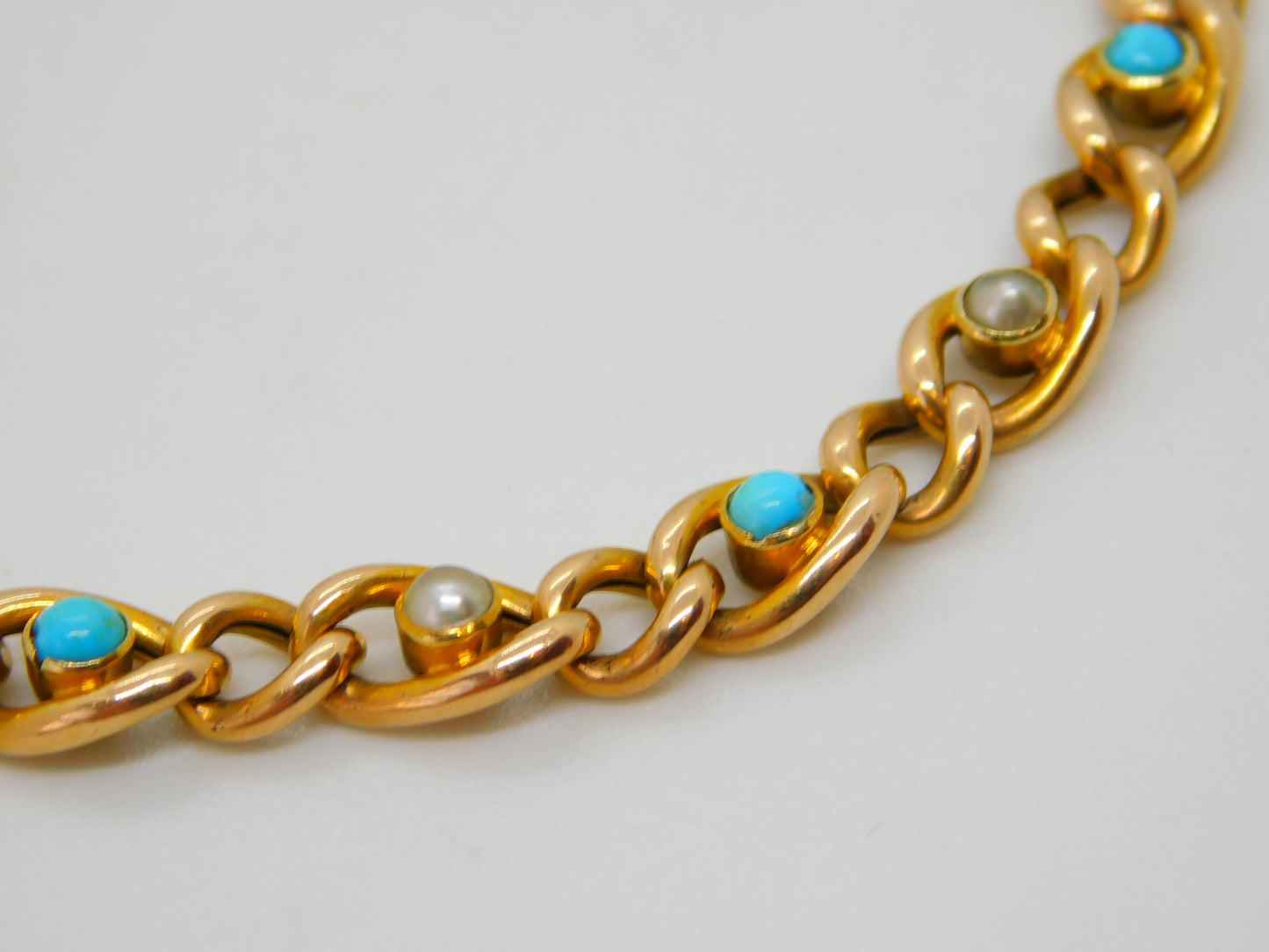 Victorian 15ct Yellow Gold, Seed Pearl & Turquoise Dress Bracelet Antique c1880