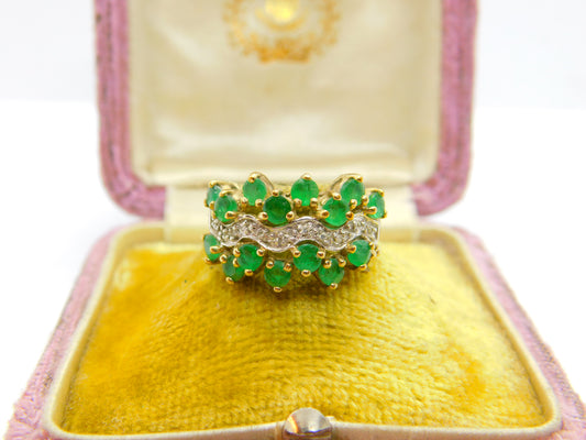 9ct Yellow Gold, Emerald & Diamond Cluster Ring 2003 Birmingham Vintage