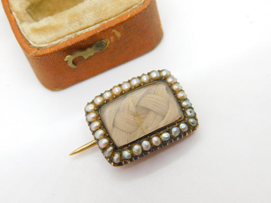 Regency Georgian 9ct Gold, Seed Pearl & Woven Hair Mourning Brooch c1830 Antique