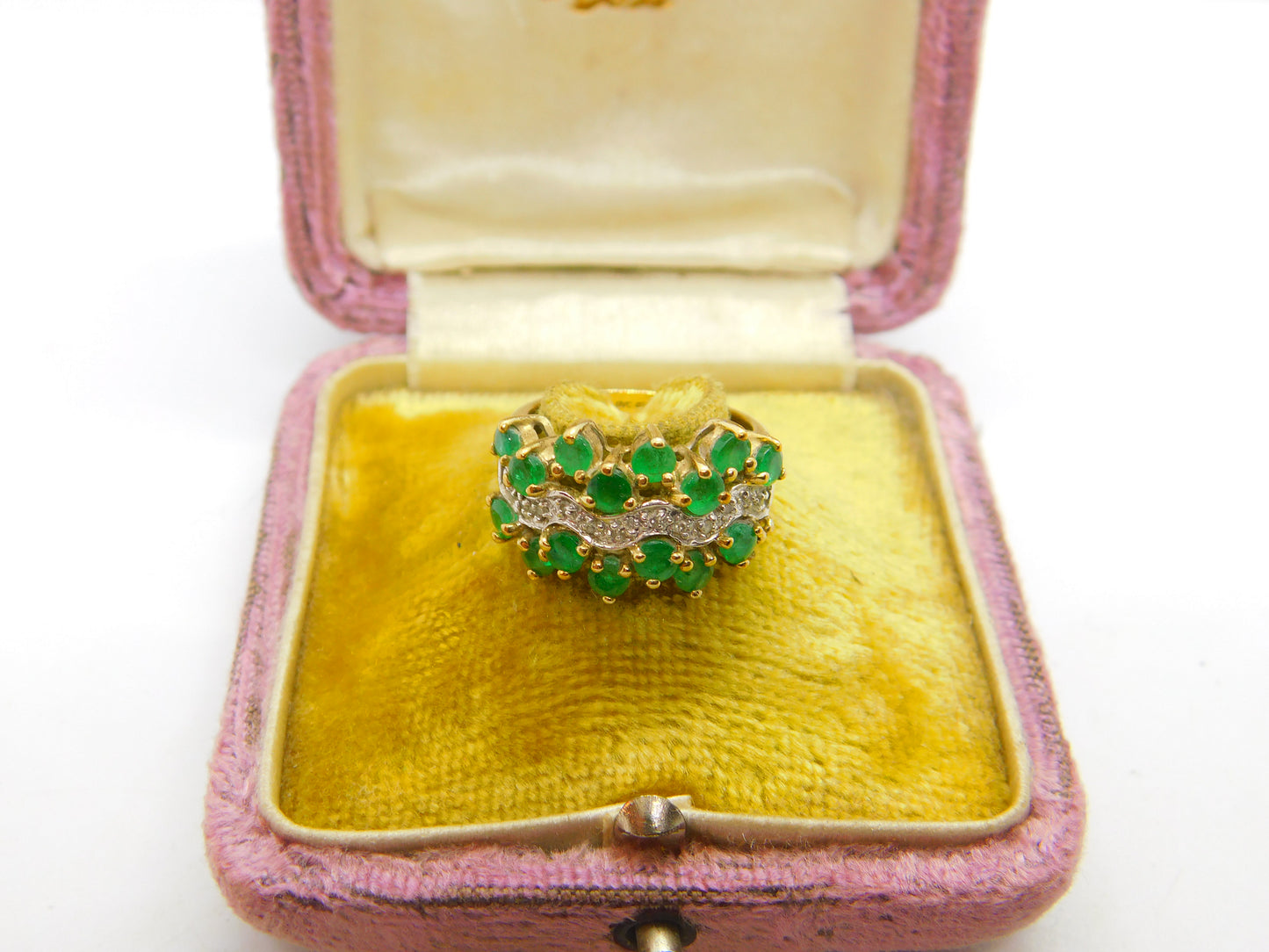 9ct Yellow Gold, Emerald & Diamond Cluster Ring 2003 Birmingham Vintage