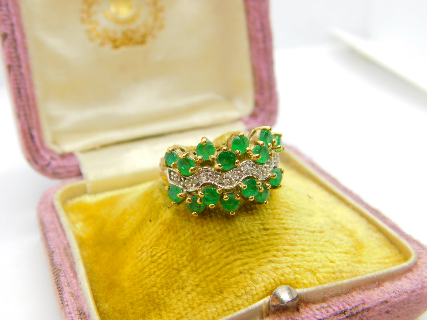 9ct Yellow Gold, Emerald & Diamond Cluster Ring 2003 Birmingham Vintage