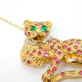 9ct Yellow Gold, Ruby, Diamond, Emerald Sitting Panther Brooch Vintage 1989 London