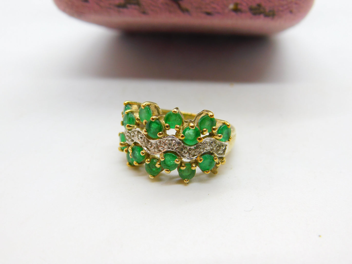 9ct Yellow Gold, Emerald & Diamond Cluster Ring 2003 Birmingham Vintage