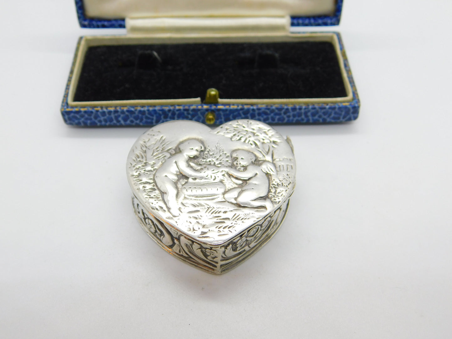 Victorian Dutch 800 Silver Heart Shaped Cupid Form Trinket Box Antique c1900