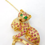 9ct Yellow Gold, Ruby, Diamond, Emerald Sitting Panther Brooch Vintage 1989 London