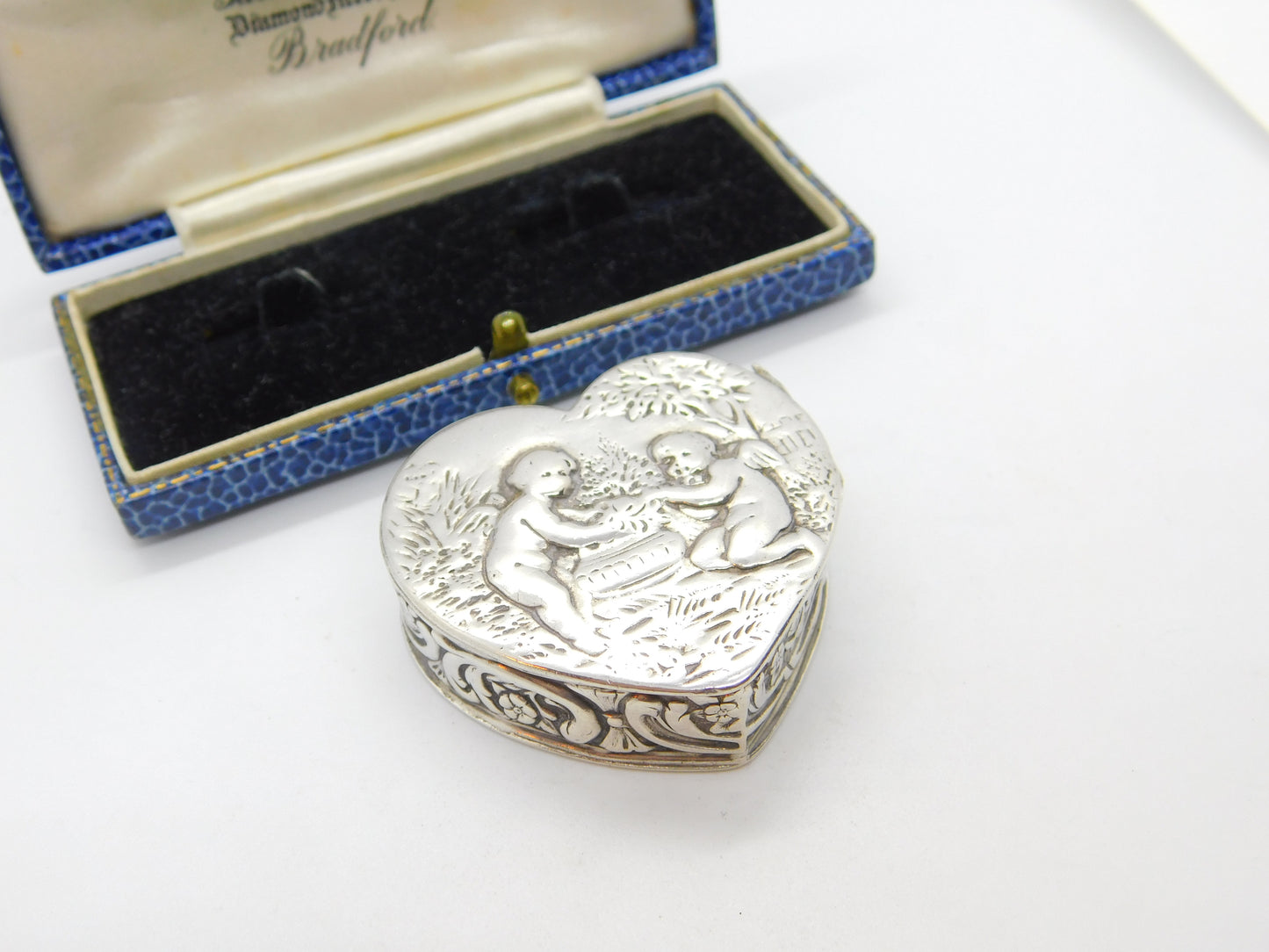 Victorian Dutch 800 Silver Heart Shaped Cupid Form Trinket Box Antique c1900