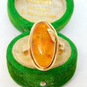 14ct Yellow Gold & Cabochon Amber Floral Dress Ring Vintage c1970