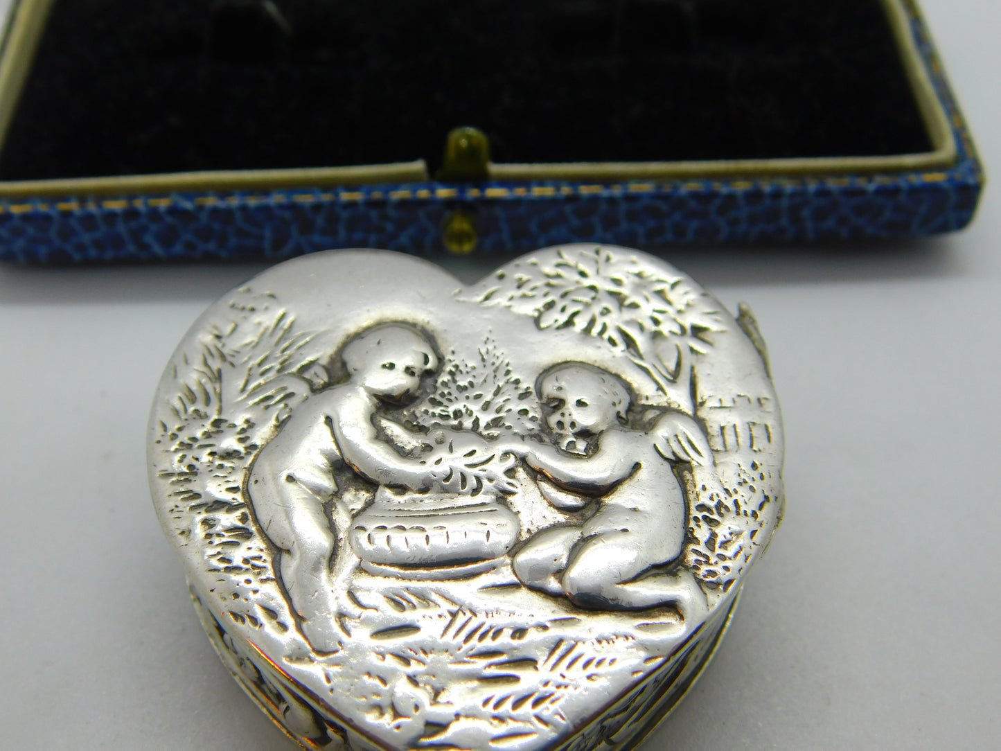 Victorian Dutch 800 Silver Heart Shaped Cupid Form Trinket Box Antique c1900