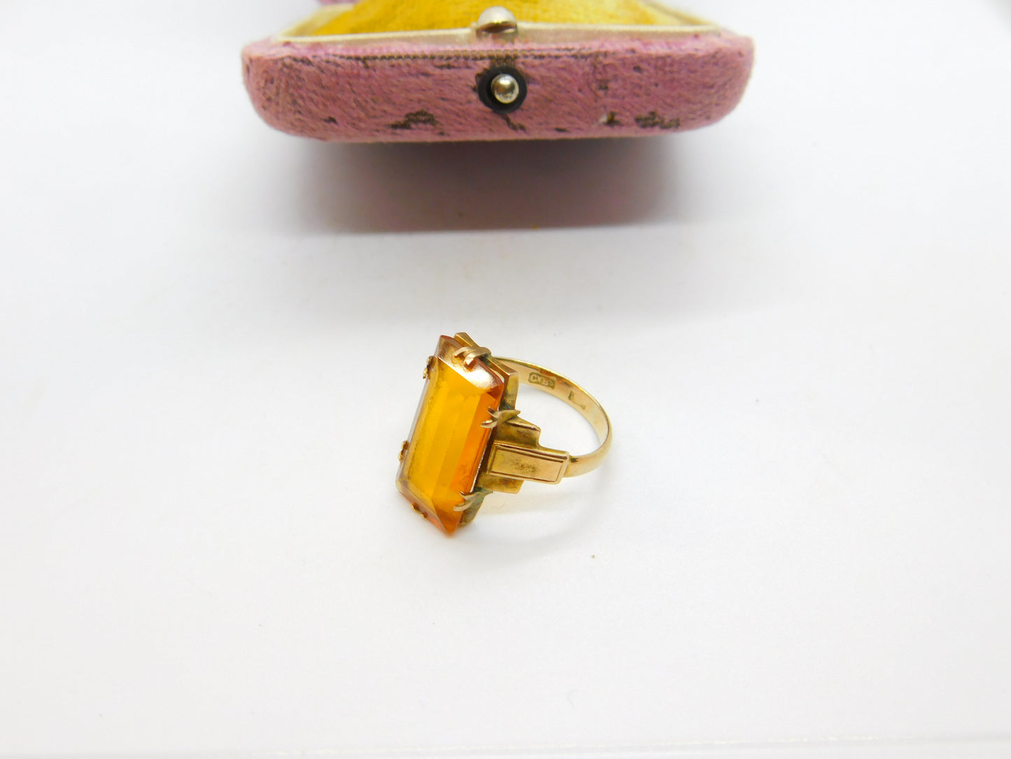 9ct Yellow Gold Large Citrine Cocktail Dress Ring Antique c1920 Art Deco