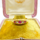 Victorian 18ct Yellow Gold, Ruby & White Spinel Boat Ring 1872 Antique