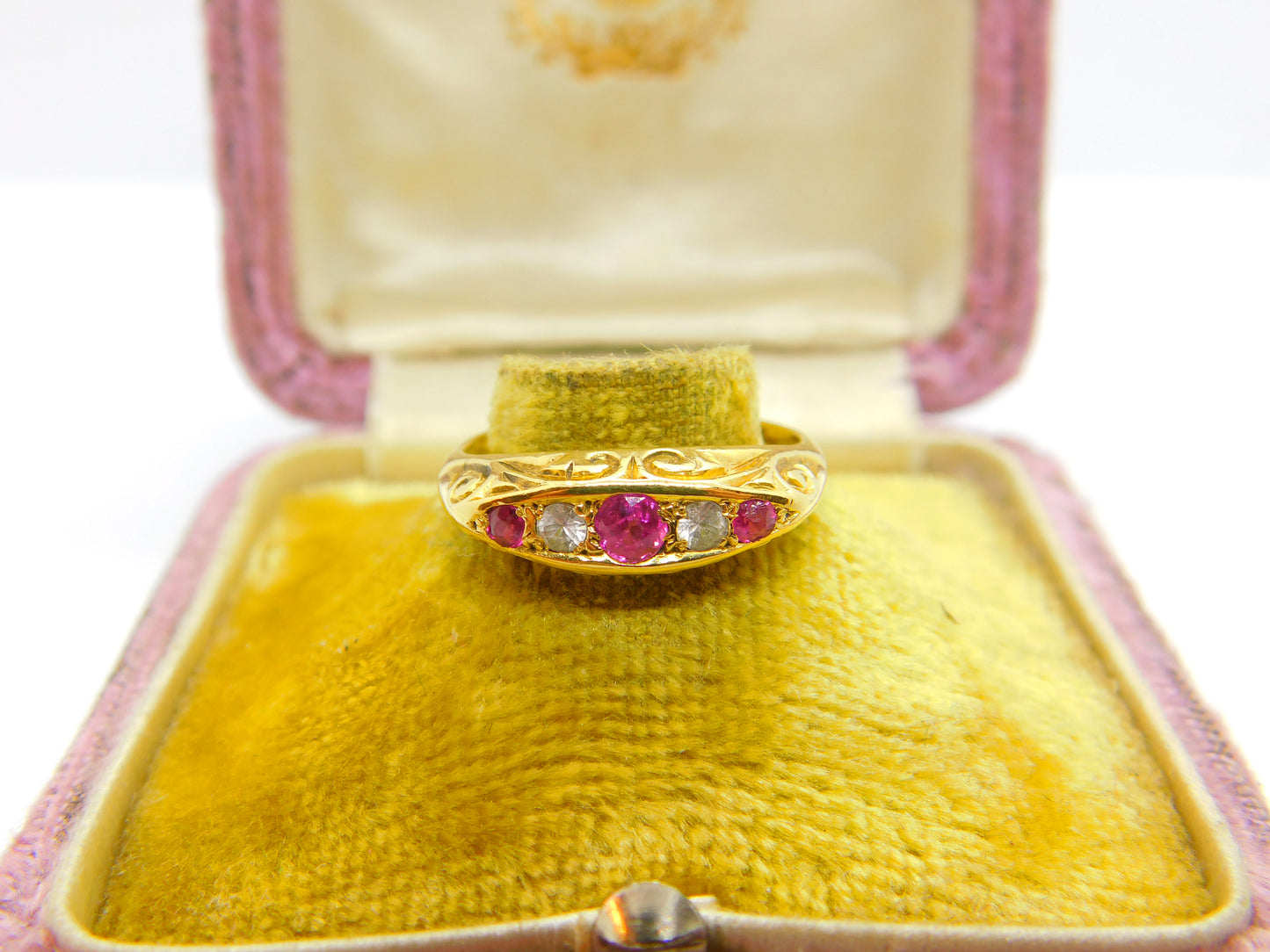 Victorian 18ct Yellow Gold, Ruby & White Spinel Boat Ring 1872 Antique