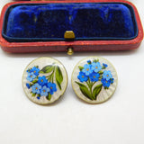 Edwardian Pair of Sterling Silver & Forget-Me-Not Enamel Buttons Antique 1907