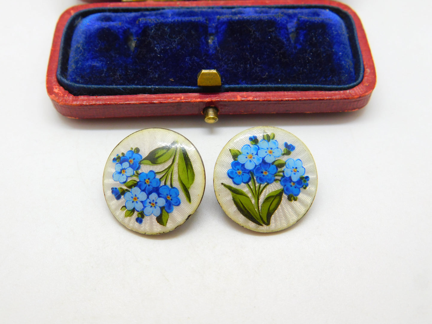 Edwardian Pair of Sterling Silver & Forget-Me-Not Enamel Buttons Antique 1907