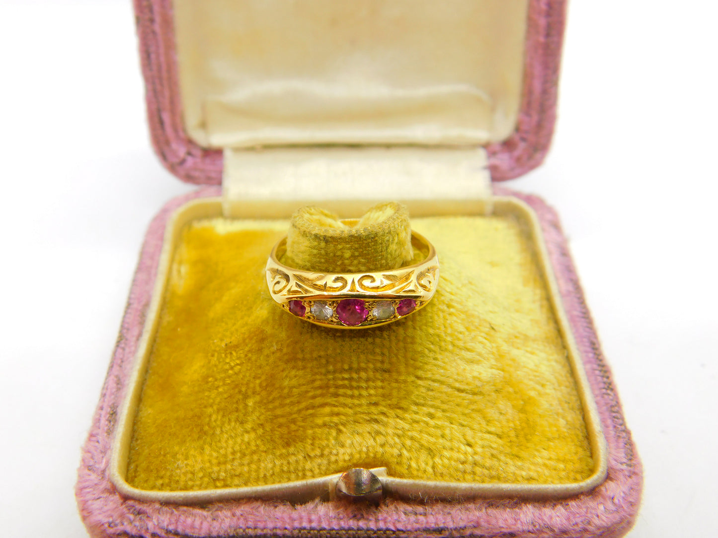 Victorian 18ct Yellow Gold, Ruby & White Spinel Boat Ring 1872 Antique