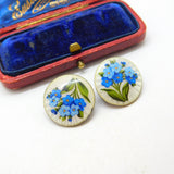 Edwardian Pair of Sterling Silver & Forget-Me-Not Enamel Buttons Antique 1907