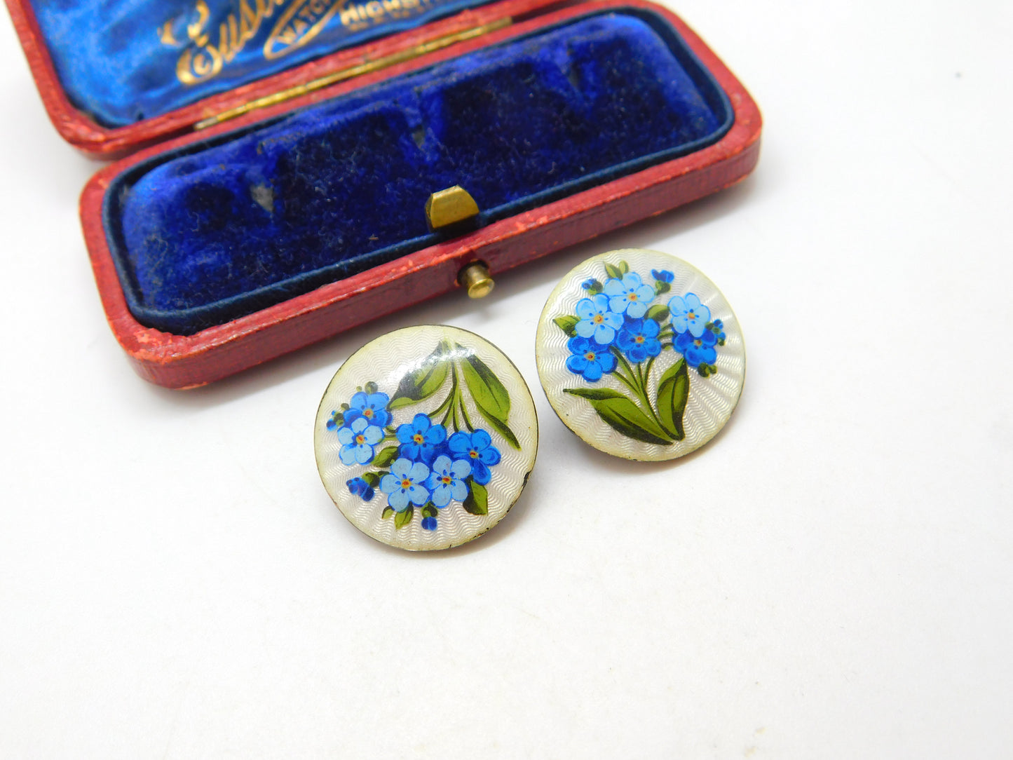 Edwardian Pair of Sterling Silver & Forget-Me-Not Enamel Buttons Antique 1907