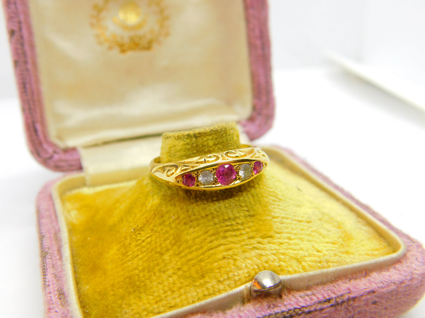 Victorian 18ct Yellow Gold, Ruby & White Spinel Boat Ring 1872 Antique