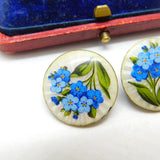 Edwardian Pair of Sterling Silver & Forget-Me-Not Enamel Buttons Antique 1907
