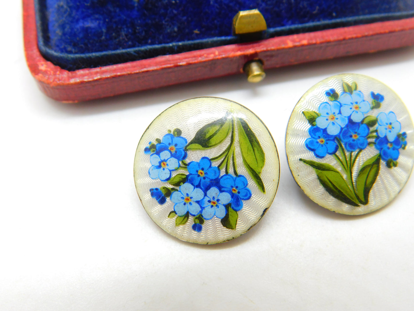 Edwardian Pair of Sterling Silver & Forget-Me-Not Enamel Buttons Antique 1907