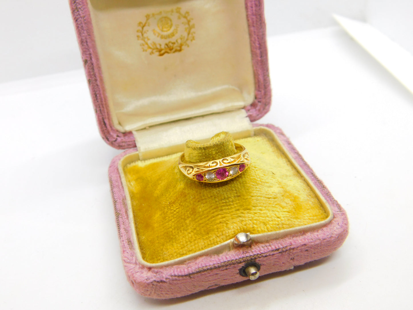 Victorian 18ct Yellow Gold, Ruby & White Spinel Boat Ring 1872 Antique