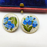 Edwardian Pair of Sterling Silver & Forget-Me-Not Enamel Buttons Antique 1907