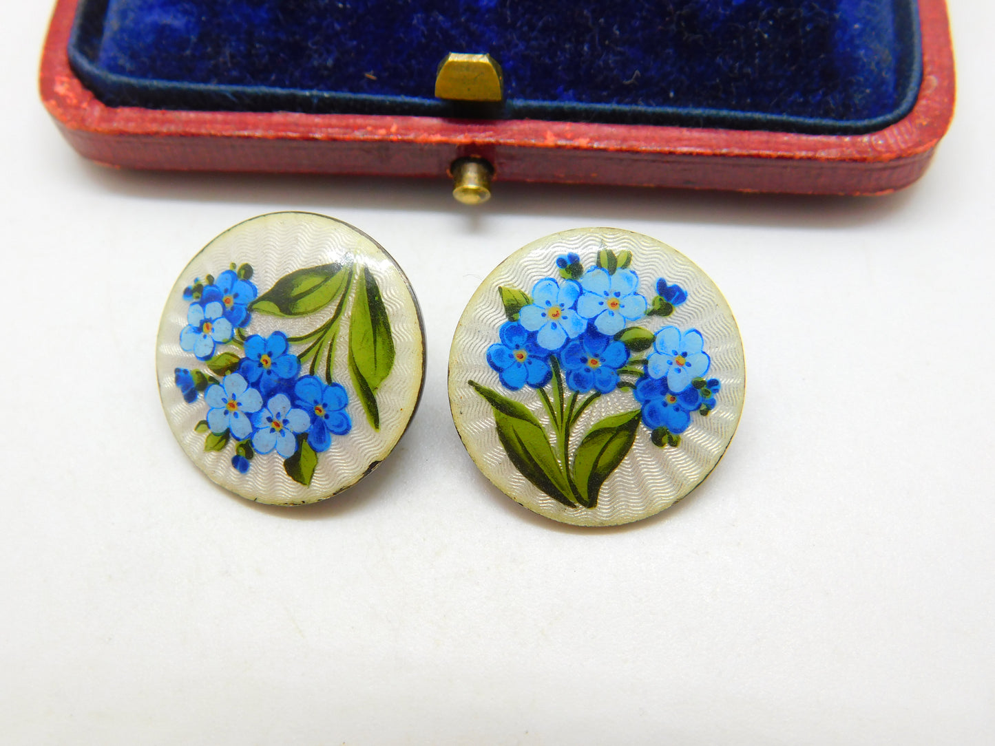 Edwardian Pair of Sterling Silver & Forget-Me-Not Enamel Buttons Antique 1907