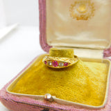Victorian 18ct Yellow Gold, Ruby & White Spinel Boat Ring 1872 Antique