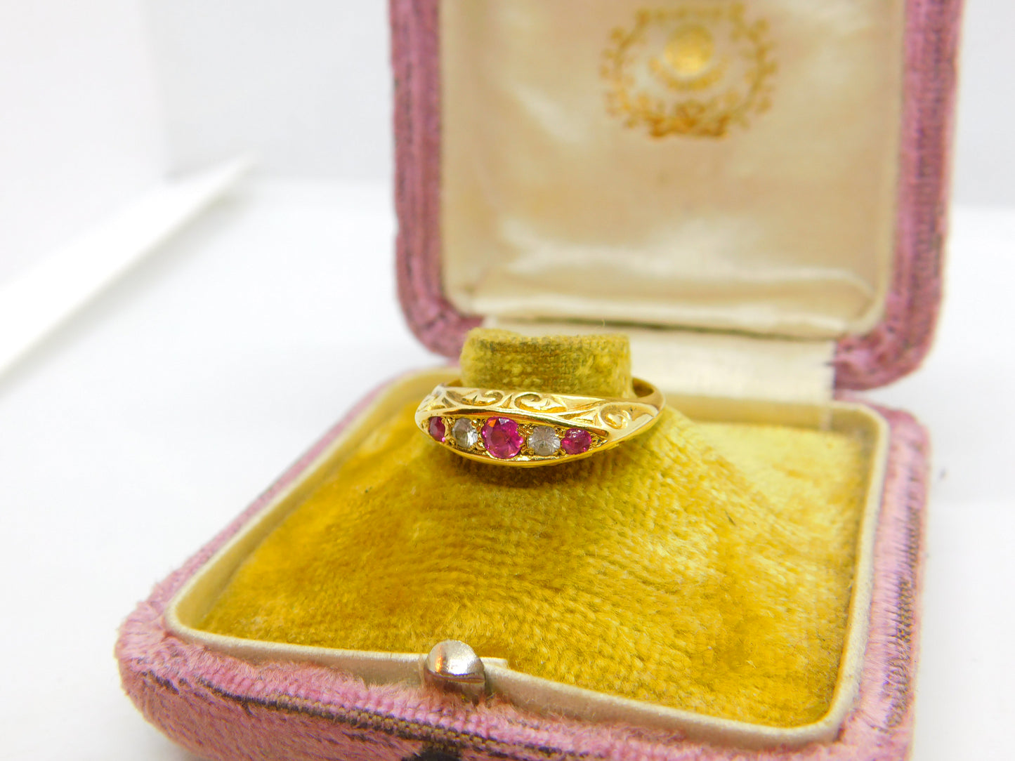 Victorian 18ct Yellow Gold, Ruby & White Spinel Boat Ring 1872 Antique